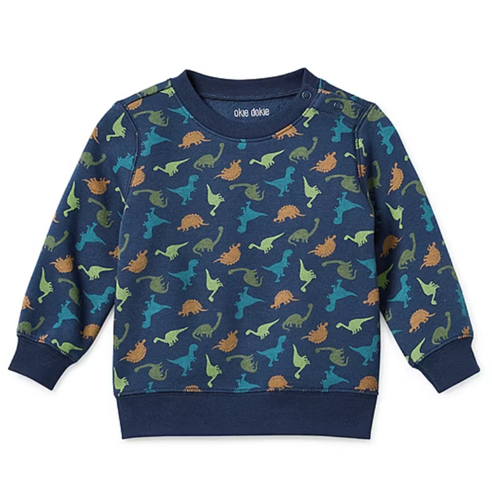 Okie Dokie Baby Boys Crew Neck Long Sleeve Fleece Sweatshirt Dino Navy Blue‎ 18M